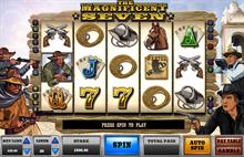 Mit tapferen Cowboys können Sie sich in The Magnificent Seven online Video Slot treffen
